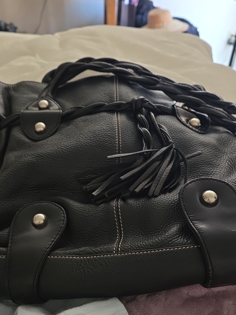 Michael Rome Black Braided-Handle Shoulder Bag with Tassel
